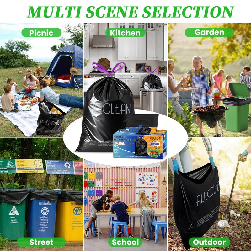 Trash Bags 15 Gallon Tall Kitchen Drawstring Garbage Bags,Fit 13-15