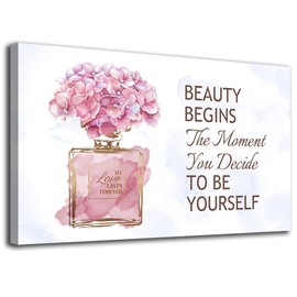 arteWOODS Fashioner Perfume Canvas Wall Art Gold Bottle Pink Flower Canvas Pictures Brown Inspirational Words Canvas Prints Motivational Quetos Wall Decor for Bathroom Bedroom Powder Room 36X24IN