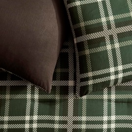 Wonderful Queen Comforter Set, Flannel Buffalo Plaid, Wooly Feel, Brushed Hypoallergenic, 3 Pieces with Pillow Shams, Lightweight Cabin Lodge Bedding for All Season (Army Green, Full)