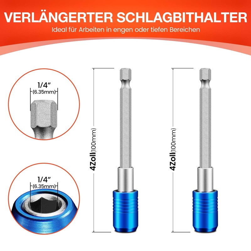 2 pieces magnetic quick-change impact bit holder, 4 inch bit