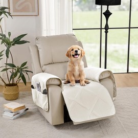 Pamhaven Quilted Recliner Seat Covers Stay in Place, Quilted Recliner Chair Covers, White Recliner Cover for Dogs, Washable Chair Protector (Recliner 22", Cream White)