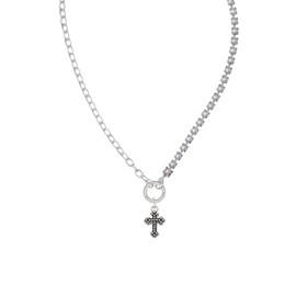 Delight Jewelry Silvertone Small Botonee Cross with Beaded Decoration Stronger Braver Smarter Mixed Cable and Imitation Pearl Chain Choker Necklace, 14.75-17"