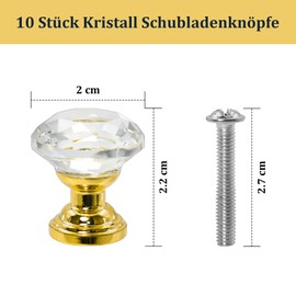 Pack of 10 Crystal Drawer Knobs, Knob for Cupboard, Door Knob, Rotating Chic Cupboard Knobs, 20 mm, Glitter Knobs for Dresser, Drawer Knob with Gold Base, Box Knobs with Screws