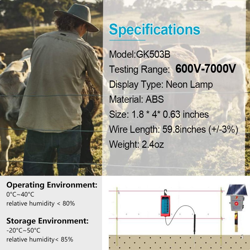 ALLOSUN GK503B NEON Electric Fence Voltage Tester and Fault Finder
