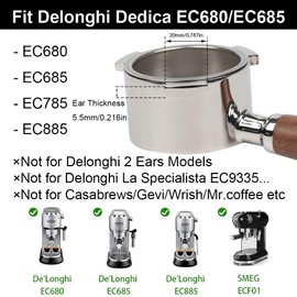 CAPFEI Bottomless Portafilter 51 mm for DeLonghi Dedica EC680/EC685/EC885 with 3 Ears, Filter Basket 0.3 mm Pores, Walnut Wood Handle