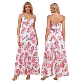 HTZMO Women Casual Summer Floral Maxi Sundress V Neck Spaghetti Strap Bow Tie Backless Flowy Boho Beach Long Dress 2025 Pinkprint XL