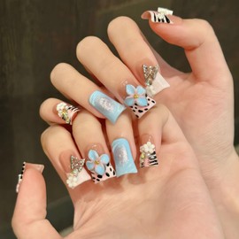 LOHAS Home 3D Carved & Painted Cute Cartoon Style Wearable Nails Reusable Short Duck-Bill Nail Stickers, Flower & Butterfly