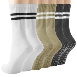 BISOUSOX Pilates Socks with Grips for Women, Yoga Grippy Barre Non Slip Crew Ballet Slipper Socks for Hospital Workout, 3pairs-barre Socks/White+green+darkgrey, 5-9