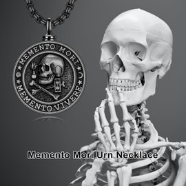 MEIDERBO Memento Mori Urn Necklace for Ashes 925 Sterling Silver Black Skull Cremation Pendant Hourglass Memento Mori Keepsakes Memorial Jewelry Gifts for Men Women