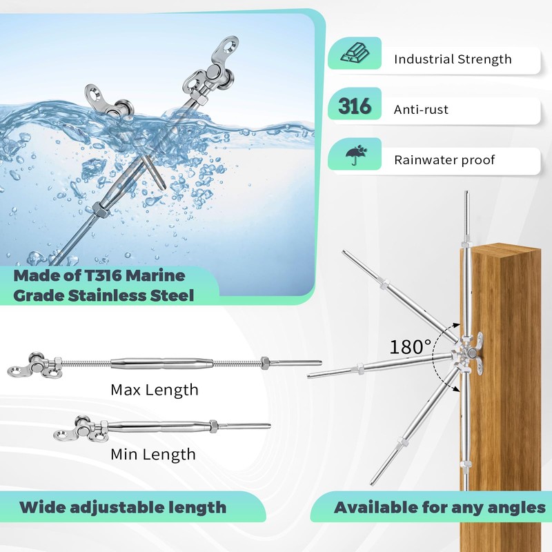 6Pairs 1/8" Cable Railing kit, Angle 180°Adjustable Deck Cable Railing