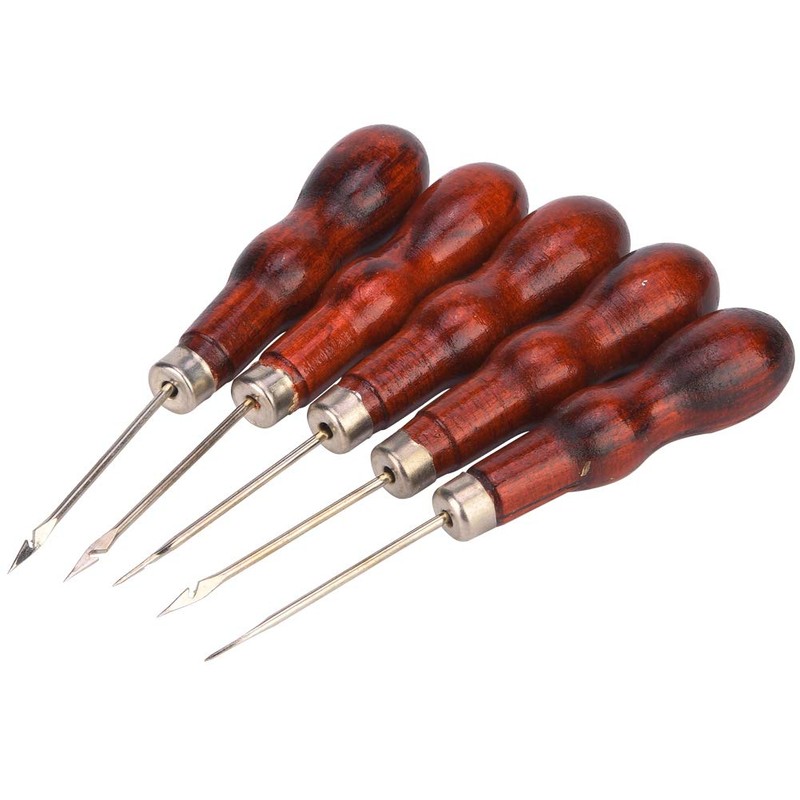 Wooden Handle Awl Hole Punch Sewing Stitching Tool, 5PCS for
