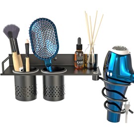 MyLifeUNIT Hair Dryer Holder, Wall Mounted Blow Dryer Organizer with 2 Cups, Bathroom Hair Styling Tools Shelf