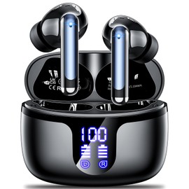 Wireless Earbuds Bluetooth 5.3 Headphones in Ear with 4 ENC Noise Cancelling Mic 2025 New Ear buds 42h Playtime HiFi Stereo Deep Bass Earphones IP6 Waterproof LED Display Bluetooth Earbuds USB-C Black