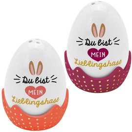 GRUSS & CO 48584 Egg Cup Shaker Set with "Favourite Rabbit" Motif | 4-Piece Set Consisting of Salt and Pepper Shakers in Egg Shape and 2 Matching Egg Cups | Gift Easter, Easter Nest, Easter Decoration