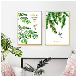Wanfoou Pack of 3 Premium Posters, Green Plants Picture, Wall Decoration Living Room & Bedroom, Inspirational Quotes Wall Picture, Watercolour Green Leaves Pictures for Bedroom Decoration, Without