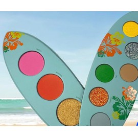 Tropical Surfboard Eyeshadow Palette, Beach Theme, Hibiscus Design, 7 Shades with Glitter and Matte Colors