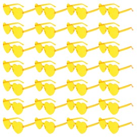 BOUBONI 28 Pack Yellow Heart Shaped Sunglasses for Women Rimless Heart Glasses Bulk Candy Color Sunglasses for Party