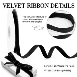 Black Velvet Ribbon 3/8 Inch x 25 Yards: Velvet Ribbons for Gift Wrapping Valentines & Wedding Flower Bouquet Packaging, Bow Making Mother's Day Decorations and Wreath Crafts Decoration