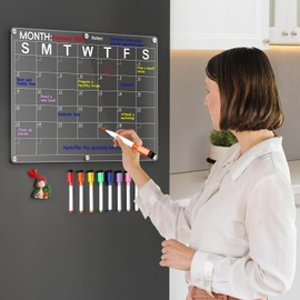 Large Acrylic Magnetic Calendar for Refrigerator, Clear Fridge Calendar with 8 Color Markers, Monthly Planning Board for Business Meetings/Anniversary/Shopping List, Dry Erase - 14.5 * 11.5''
