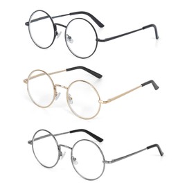 EYE ZOOM 3 Pack Round Metal Frame Blue Light Blocking Reading Glasses (Black, Gold and Gunmetal, +2.50)