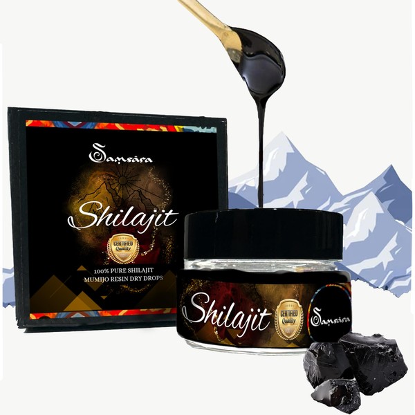 Samsara Shilajit Pure Resin Mumijo 100% Pure - Altai Mountains | International Certificates | 65+ Fulvic Acid, 85 Minerals, Physical Energy and Wellbeing (25 g)