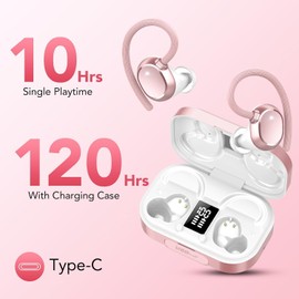 KT1 Kabellose Ohrhörer, Bluetooth 5.3 Kopfhörer, 2025 kabellose Kopfhörer, HiFi-Stereo-Sound mit ENC-Mikrofon, Sport-Headsets, In-Ear-Ohrbügel zum Laufen, 120H Dual-LED-Display, Rose