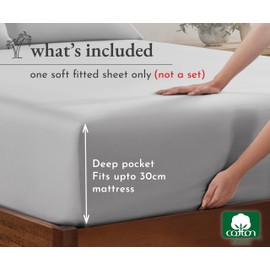 California Design Den Deep Fitted Sheet King Size Only - Soft 100% Cotton Sateen, Deep Pocket with No-Pop Off Elastic (King, Light Grey)