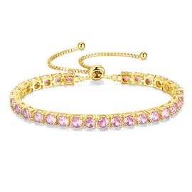FANCIME October Birthstone Jewelry Pink Tourmaline Bracelet Gold Tennis Bracelet Bolo Adjustable Chain Fine Jewelry Anniversary Birthday Gifts for Women Mom Wife Her, 4mm Width