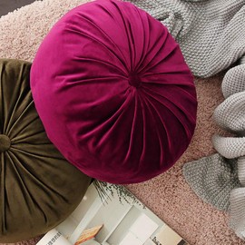 vctops Round Velvet Solid Color Chair Cushion Pumpkin Pleated Throw Pillow Home Decorative Floor Pillow Diameter 15" Purple Red