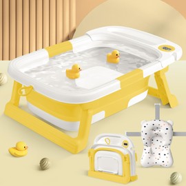 Collapsible Baby Bathtub,Baby Bath Tub with Thermometer & Soft Cushion,Baby Bathtub for Newborn to Toddler 0-36 Months,Portable Travel Baby Tub with No-Slip Feet,Baby Shower Gifts,Yellow