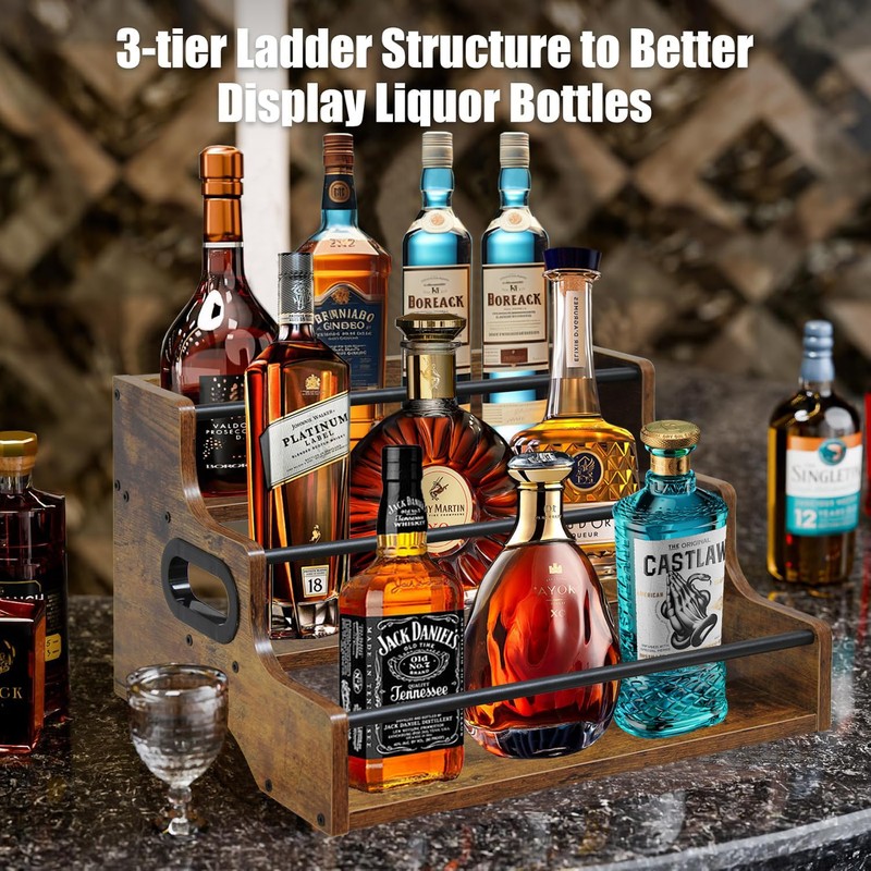 AT-VALY 3-Tier Liquor Bottle Display Shelf, Iron&MDF Countertop Wine Rack,