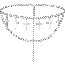 Liutufy Vintage Metal Leaf Pendant Body Chain Cross Pearl Multi-Layer Chain Waist Chain (Silver Cross M)