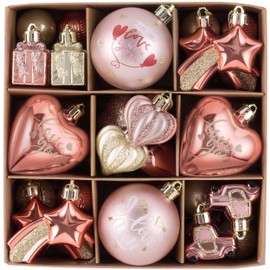 Valery Madelyn 35pcs Christmas Tree Decorations,Shatterproof Rose Champagne Gold Heart Baubles Hanging for Valentines Day Home,3-6cm