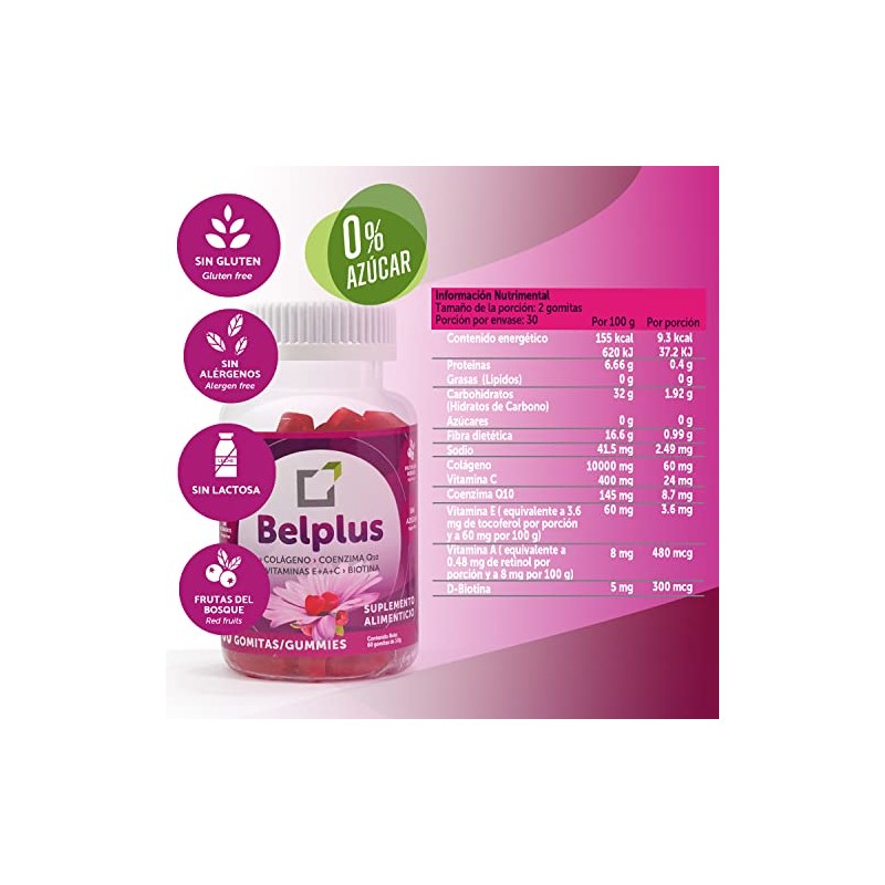 Belplus | Colágeno+Coenzima Q10+Biotina | 60 gomitas sin azúcar, pack