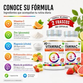 Vitamina C 24h con Bioflavonoides y Prebióticos |Combo duo| Con Zinc y Magnesio | Suplemento Alimenticio | 90 Cápsulas