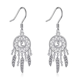 VONALA Dream Catcher Feather Earrings Vintage Bohemian Western Jewelry Dream Catcher Feather Sterling Silver 14K White Gold Plated Dangle Earrings for Women