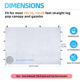 Joramoy Instant Canopy Sidewall 10×10 for Pop Up Tent, Waterproof Sunwall for Straight Leg Canopy with UV Protection, 1 Pack Side Panels Only(10×10, White)