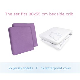 2 Cotton Jersey Fitted Sheets with 1 Waterproof Mattress Protector for 90x55 cm Baby Bedside Crib (Violet)