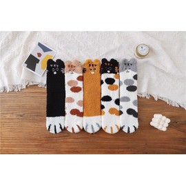 aisnanzh 5 Pairs Cat Paw Socks Ladies Winter Thick Cozy Socks Warm Soft Fuzzy Home Slipper Socks for Women