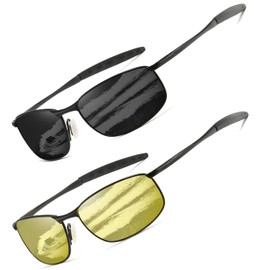 AEVOGUE Polarized Sunglasses For Men Rectangle Metal Frame Retro Sun Glasses AE0395 (2 Pack/Black Frame+Grey Lens+Black Frame Yellow Lens, 59)