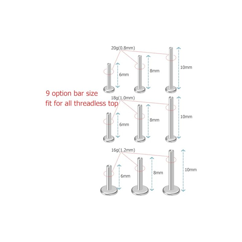 NewkeepsR 16G×8mm Threadless Flat Back Labret Stud Post Replacement, Implant