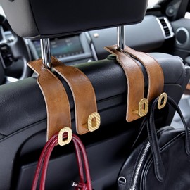 Car Headrest Hooks 2 Pack - Universal Premium Leather and Zinc Alloy - Alloy Car Seat Back Storage Hook for Purses Handbags Cloth Drink - Durable Car Accessories for Women Men (BH09-Brown-Gold)