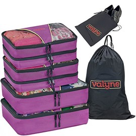 Valyne Mesh Nylon 6-pcs Packing Cubes Set, Travel Accessories Luggage Organizer Bags with Laundry Shoe Bag (Medium Packs Double Compartment) (Purple)