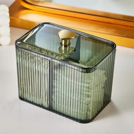 RANNYOZIO Qtips Holder Dispenser 3 Compartments Cotton Ball Holder Cotton Swabs Holder Organizer Acrylic Bathroom Container with Lid for Cotton Swab Pads Cosmetics(Green)