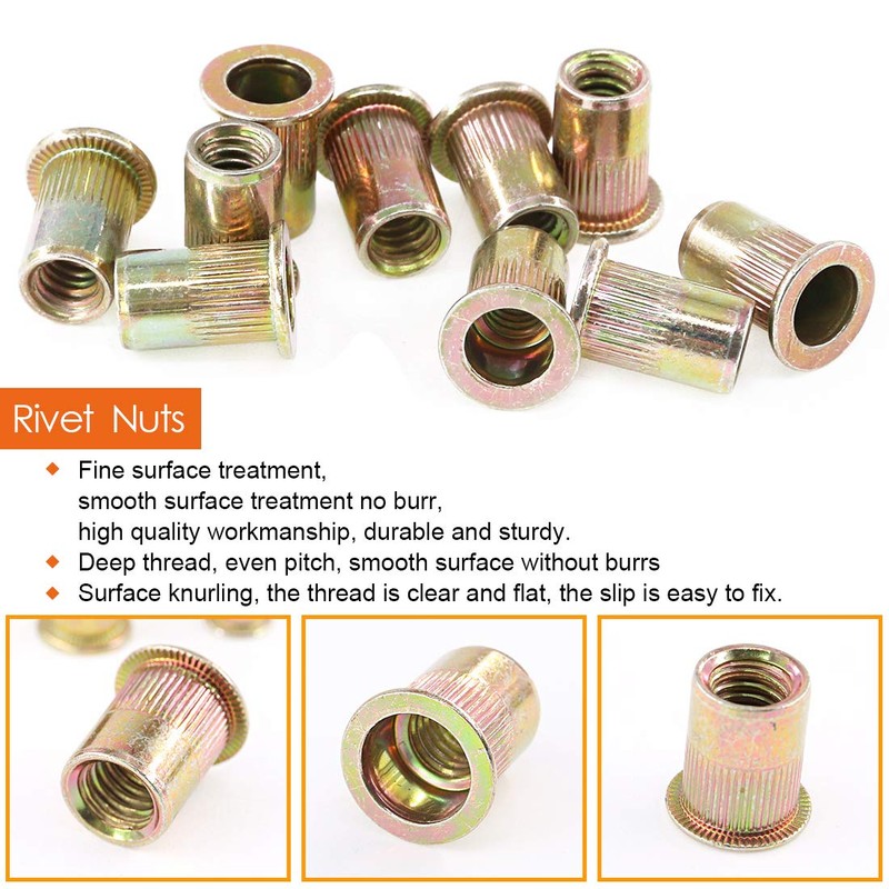 Rustark 100-Pcs 1/4"-20UNC Mixed Zinc Plated Carbon Steel Rivet Nuts
