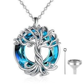 Tree of Life Urn Necklace for Men Women Cremation Jewelry with Circle Crystal Memorial Keepsake Jewelry Ash Pendant for Loved Ones, Blue