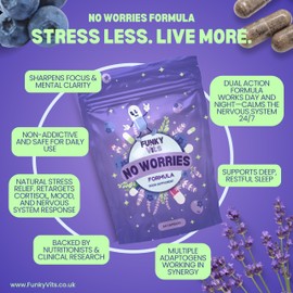 Funky Vits - “No Worries Formula” - Natural Stress Relief Capsules (Vegan, UK‑Made) - 60 Caps - 1 Month Supply