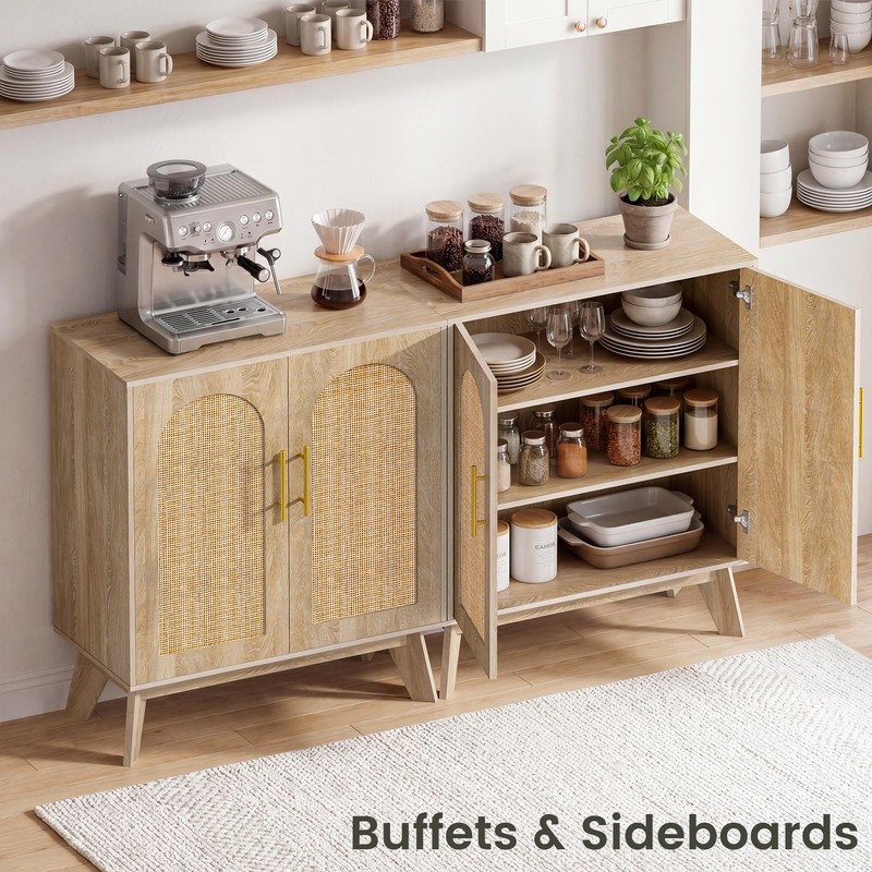 Sideboard Buffet Cabinet with Storage, Rattan Storage Cabinet with Arched