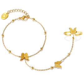18K Gold PVD Coated Stainless Steel Butterfly Hand Chain Bracelet Ring Set, Adjustable, Dainty Charm (Stainless Steel)