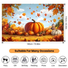 AOHMPT Thanksgiving Backdrop Fall Harvest Turkeys Hay Bales Pumpkins Maple Leaves Photo Banner for Party Baby Shower Decor 71 x 43 Inch